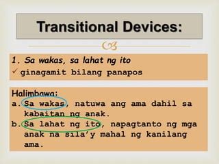 mga halimbawa ng transitional devices|Transitional devices at pangatnig .